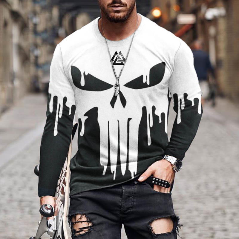 WorldNorse Skull Valknut Schwarz-Weiß-Farbverlauf Langes T-Shirt - US/UK/AU50, EU60 (5XL) - image 1