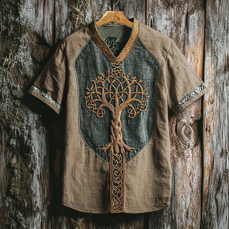 Worldnorse Viking Retro Yggdrasil Keltischer Knoten Leinen V-Ausschnitt T-Shirt - Khaki - US/UK/AU50, EU60 (5XL) - image 2