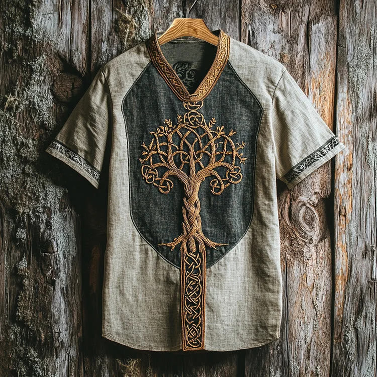Worldnorse Viking Retro Yggdrasil Keltischer Knoten Leinen V-Ausschnitt T-Shirt - Grün - US/UK/AU50, EU60 (5XL) - image 1