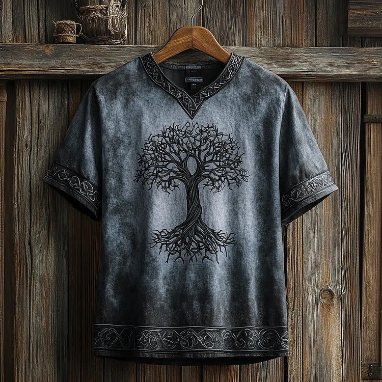 Worldnorse – T-Shirt aus Leinen mit V-Ausschnitt und Keltischer Knoten und Lebensbaum-Print - Blau - US/UK/AU50, EU60 (5XL) - image 2