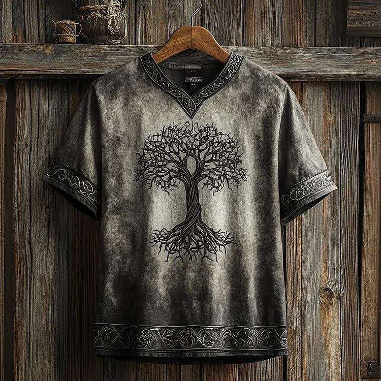 Worldnorse – T-Shirt aus Leinen mit V-Ausschnitt und Keltischer Knoten und Lebensbaum-Print - Grau - US/UK/AU50, EU60 (5XL) - image 1