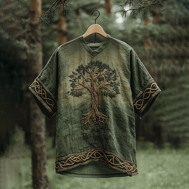 Worldnorse Herren-T-Shirt mit V-Ausschnitt, Leinen, Wikinger Yggdrasil , Keltischer Knoten - US/UK/AU50, EU60 (5XL) - image 1
