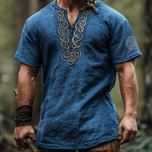 WorldNorse Viking Vintage Vegvisir Keltischer Knoten Leinenhemd mit V-Ausschnitt - Blau - US/UK/AU50, EU60 (5XL) - image 1