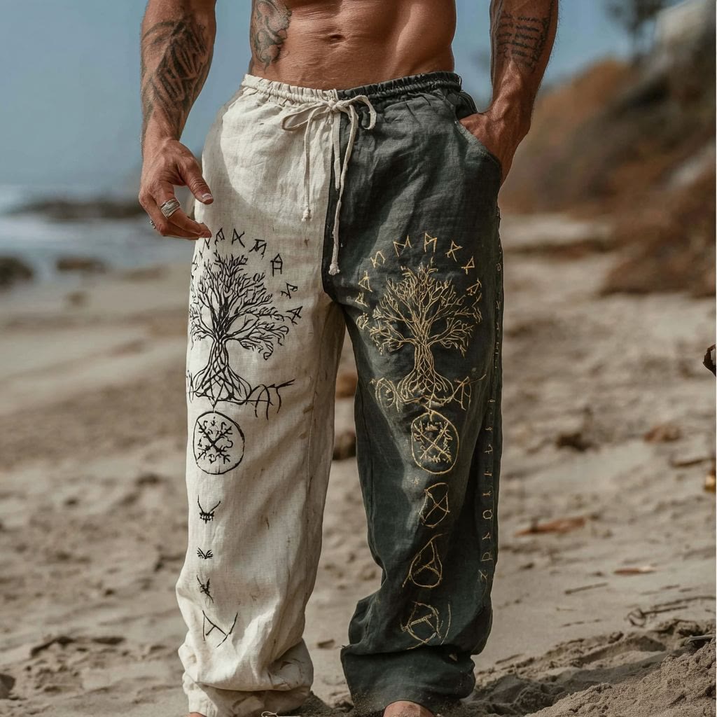 Worldnorse Wikinger-Leinenhose mit Yggdrasil Rune, zweifarbig - US/UK/AU50, EU60 (5XL) - image 1