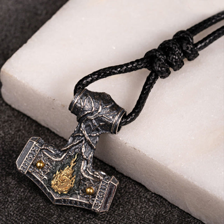 WorldNorse Halskette „Song of Flame“ aus handgefertigtem 925er Silber mit Thorshammer - Mit Wachsseil - image 1