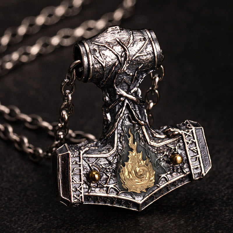 WorldNorse Halskette „Song of Flame“ aus handgefertigtem 925er Silber mit Thorshammer - Mit Kette - image 0