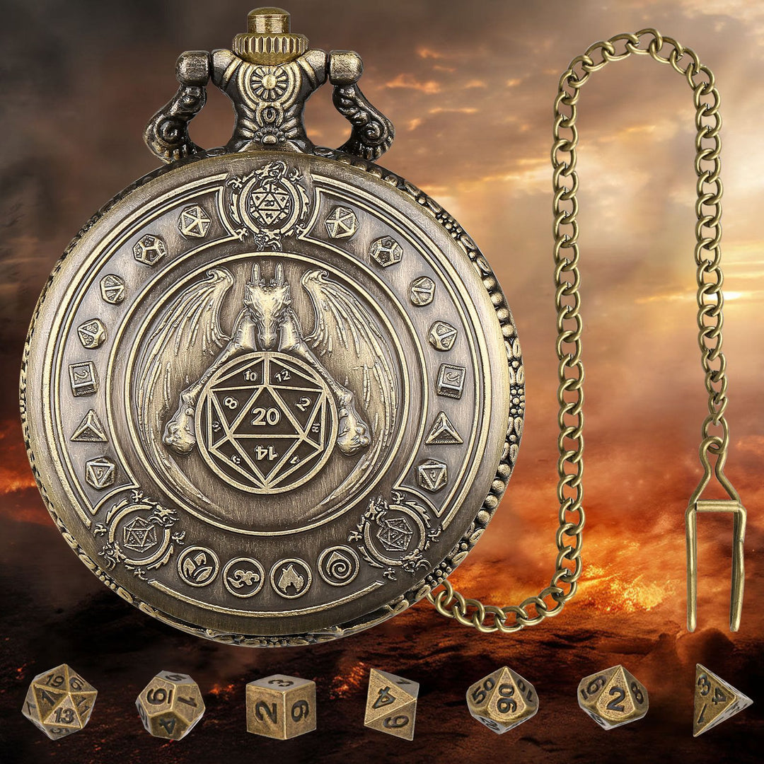 WorldNorse Nordischer Drache Polyedrisches Würfelset Taillenkette - Taschenuhrgehäuse + Kette + Würfel - Gold - image 1