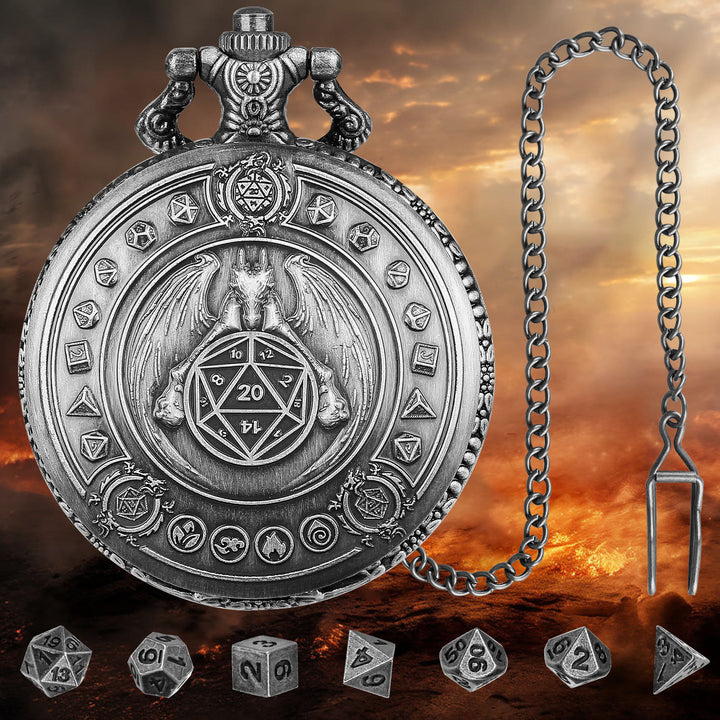 WorldNorse Nordischer Drache Polyedrisches Würfelset Taillenkette - Taschenuhrgehäuse + Kette + Würfel - Silber - image 6