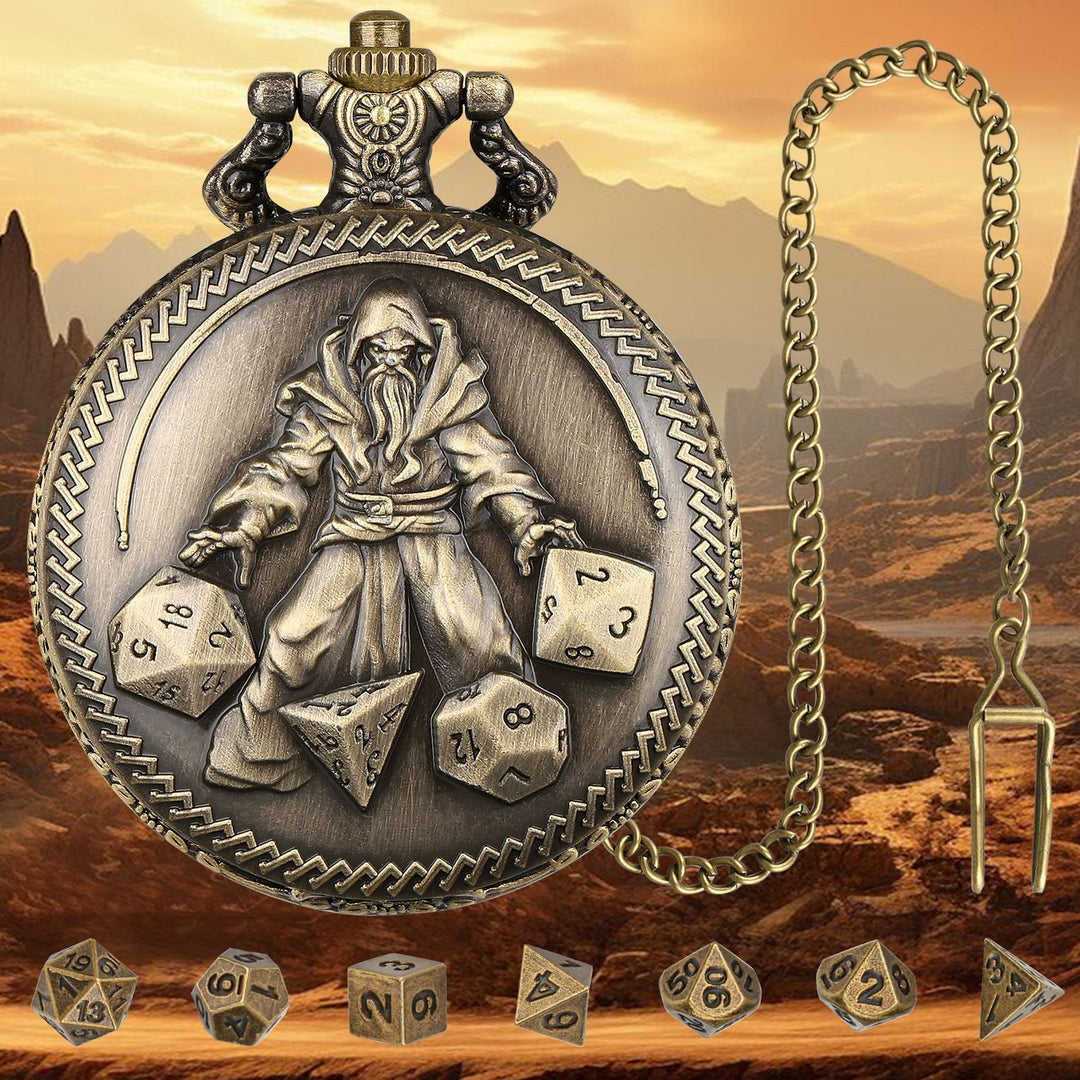 WorldNorse Retro Wizard Tiny Dice Taillenkette - Taschenuhrgehäuse + Kette + Würfel - Gold - image 1