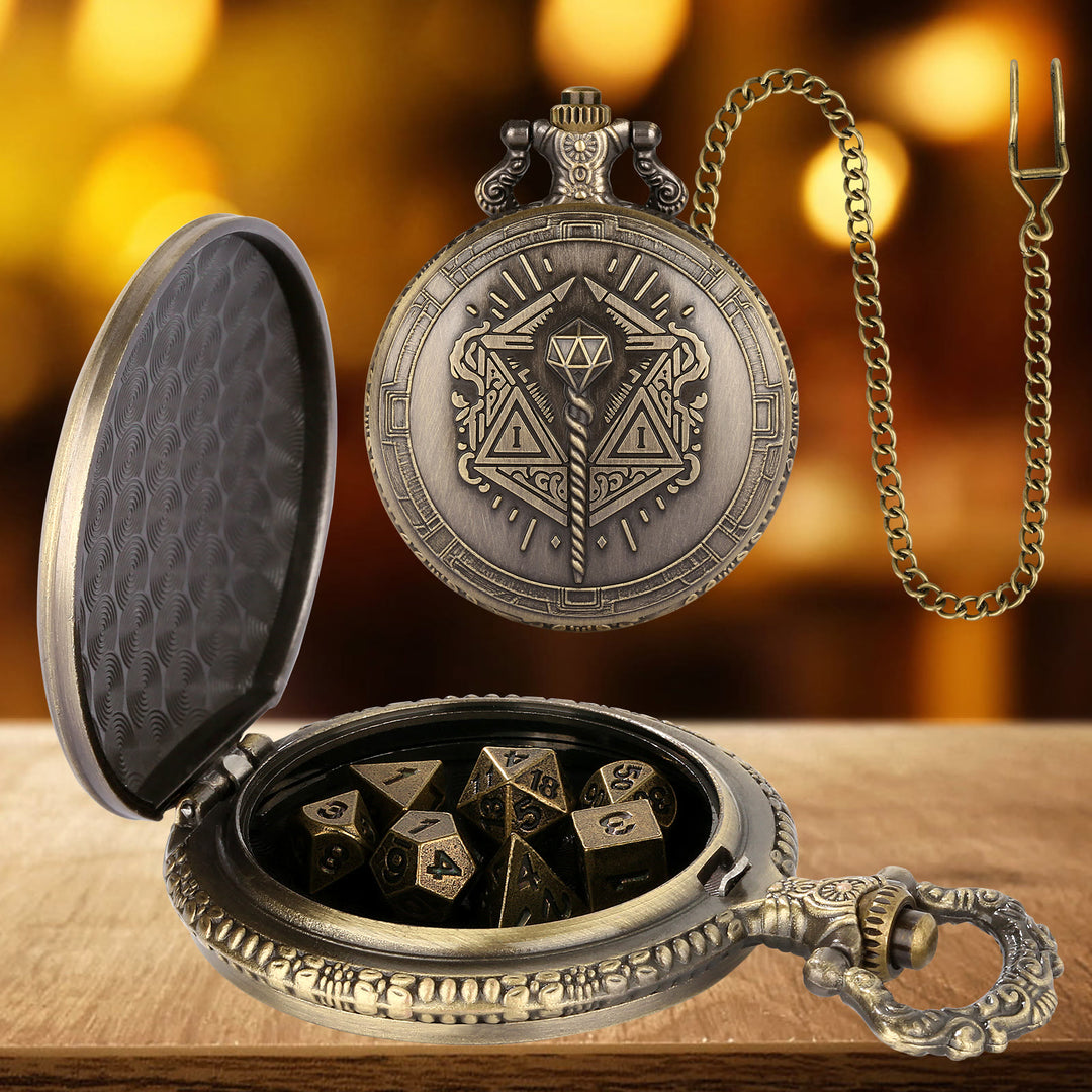 WorldNorse Zauberstab Multidimensionales Würfelset Taillenkette - Taschenuhrgehäuse + Kette + Würfel - Gold - image 1