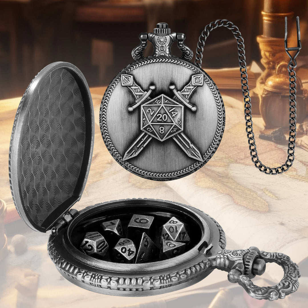 WorldNorse Doppelschwerter, polyedrische Würfel, Taillenkette - Taschenuhrgehäuse + Kette + Würfel - Silber - image 6