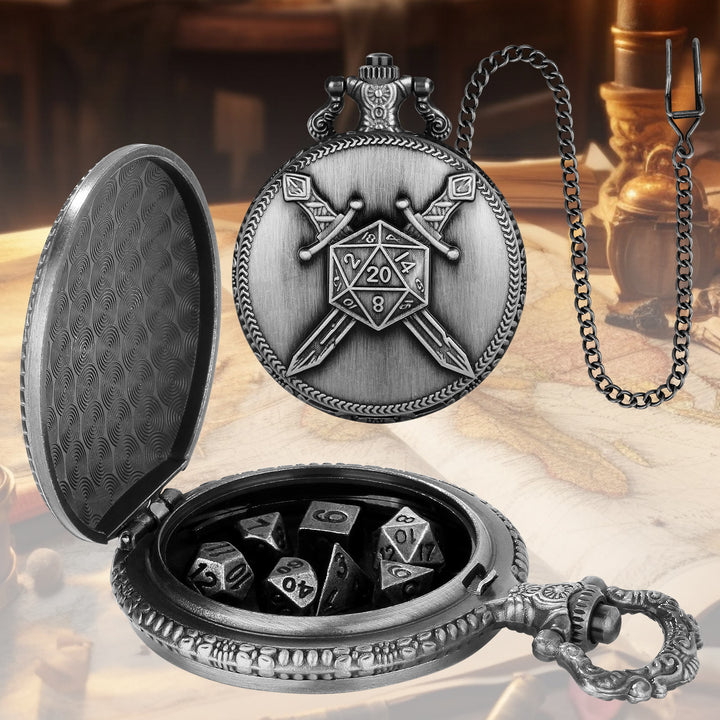 WorldNorse Doppelschwerter, polyedrische Würfel, Taillenkette - Taschenuhrgehäuse + Kette + Würfel - Silber - image 6