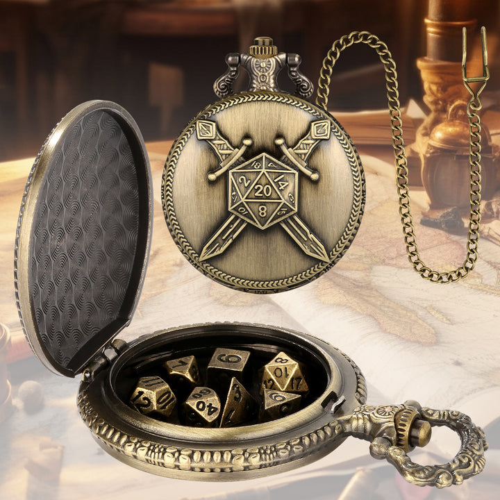 WorldNorse Doppelschwerter, polyedrische Würfel, Taillenkette - Taschenuhrgehäuse + Kette + Würfel - Gold - image 0