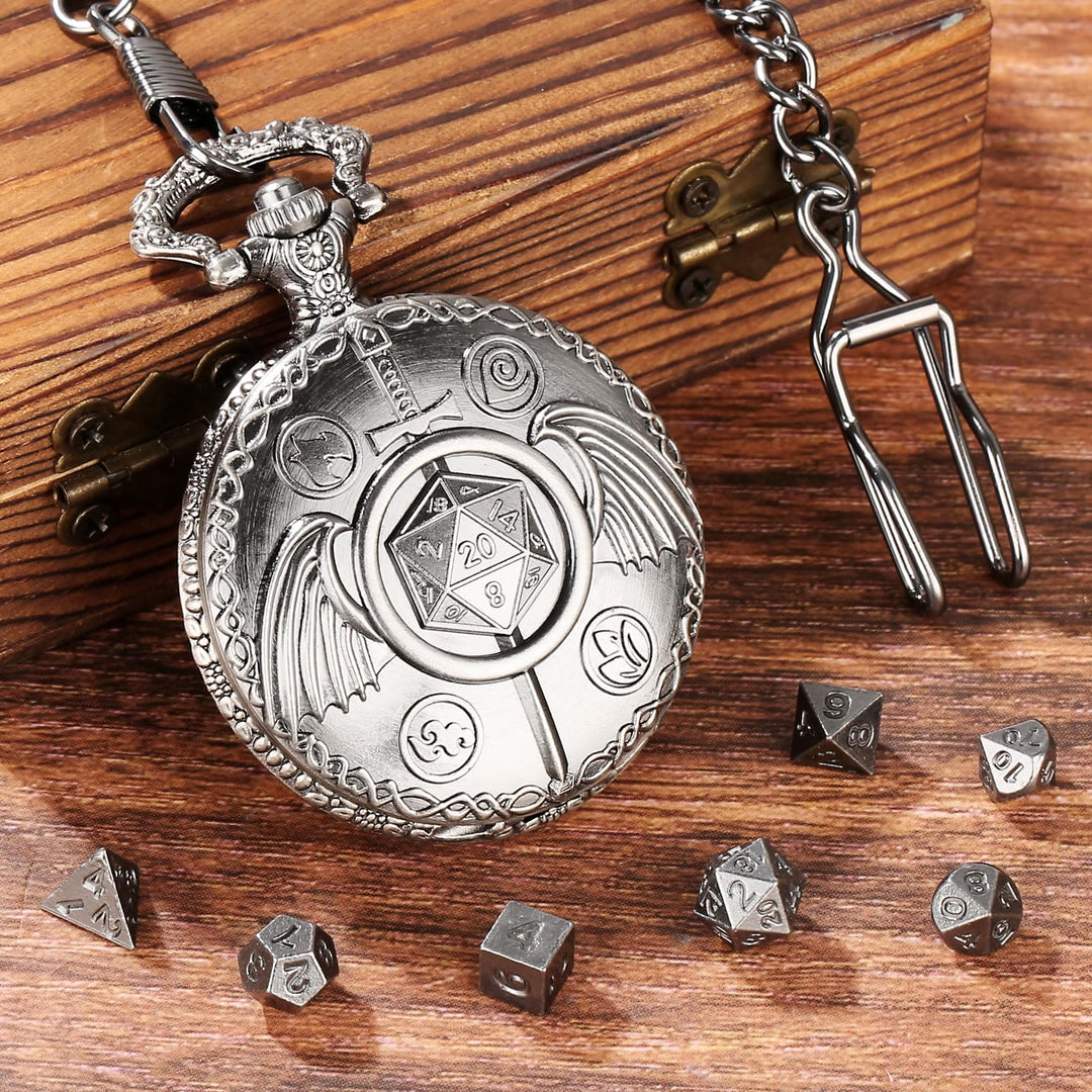 WorldNorse Schwertflügel Polyedrische Würfel Taillenkette - Taschenuhrgehäuse + Kette + Würfel - Silber - image 7