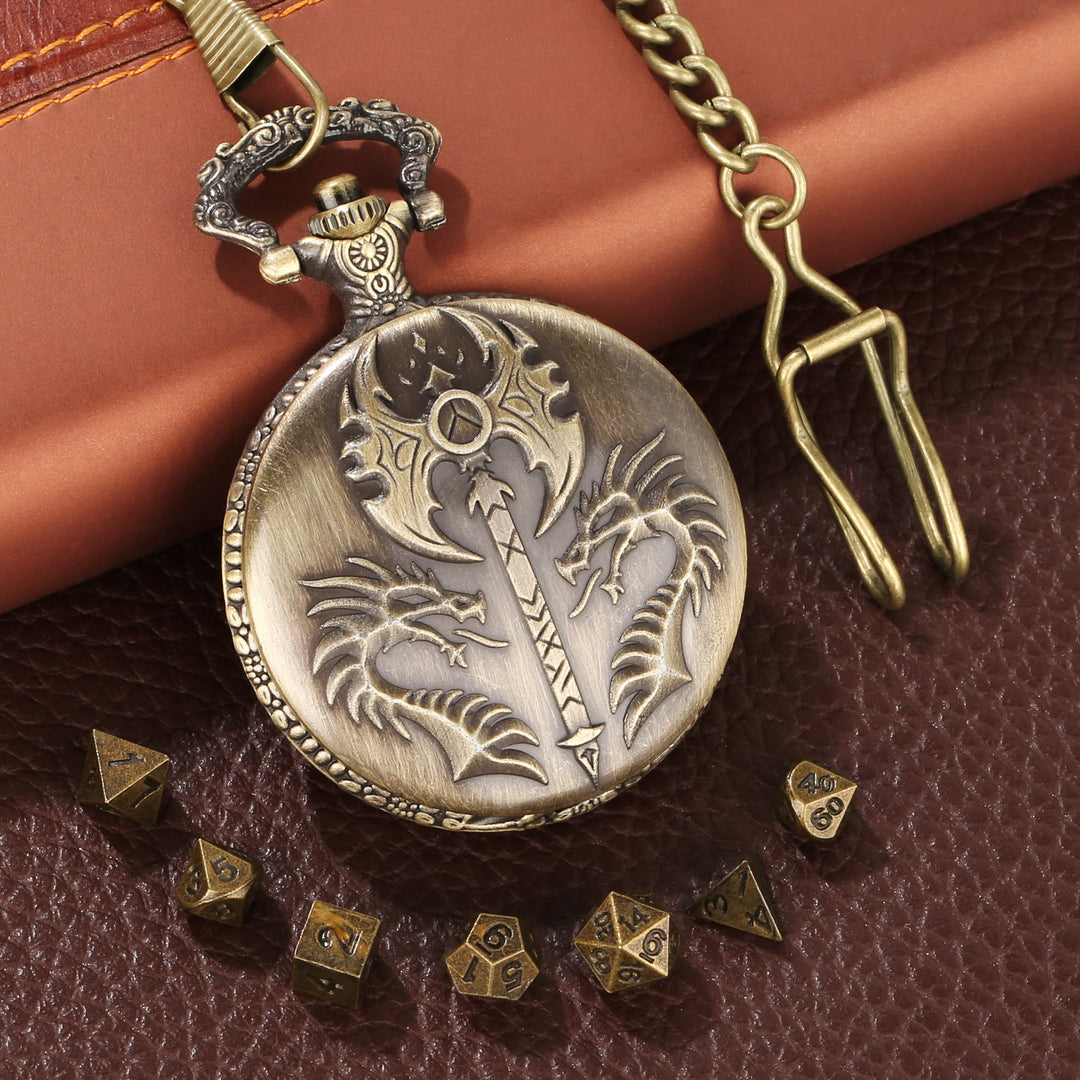 WorldNorse Doppeldrachenaxt Polyedrische Würfel-Hüftkette - Taschenuhrgehäuse + Kette + Würfel - Gold - image 7