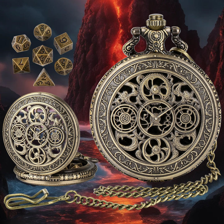 WorldNorse Punk Hollow Gears Mini-Würfel-Set, Taillenkette - Taschenuhrgehäuse + Kette + Würfel - Gold - image 0