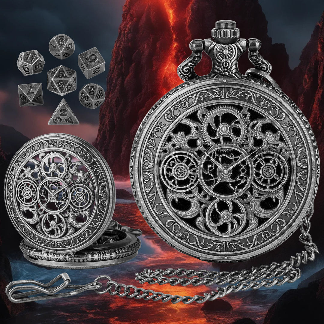 WorldNorse Punk Hollow Gears Mini-Würfel-Set, Taillenkette - Taschenuhrgehäuse + Kette + Würfel - Silber - image 7