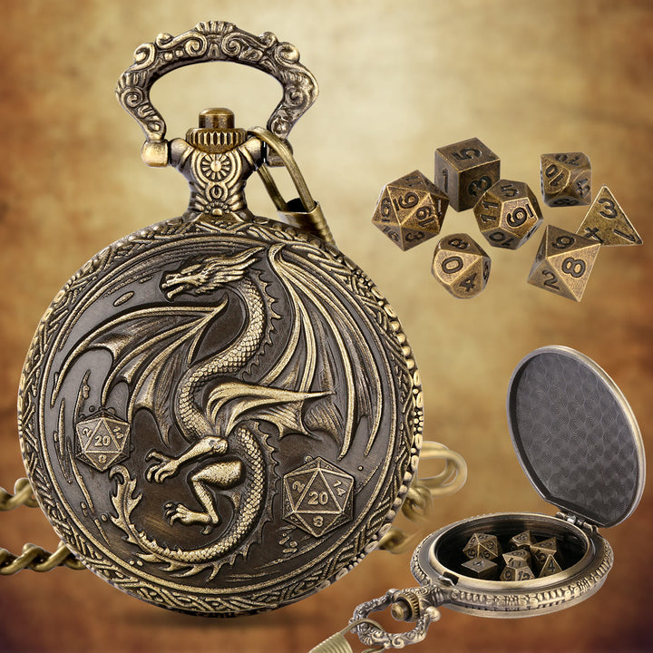 WorldNorse Dragon Taschenuhrgehäuse Würfelset Taillenkette - Taschenuhrgehäuse + Kette + Würfel - Gold - image 0