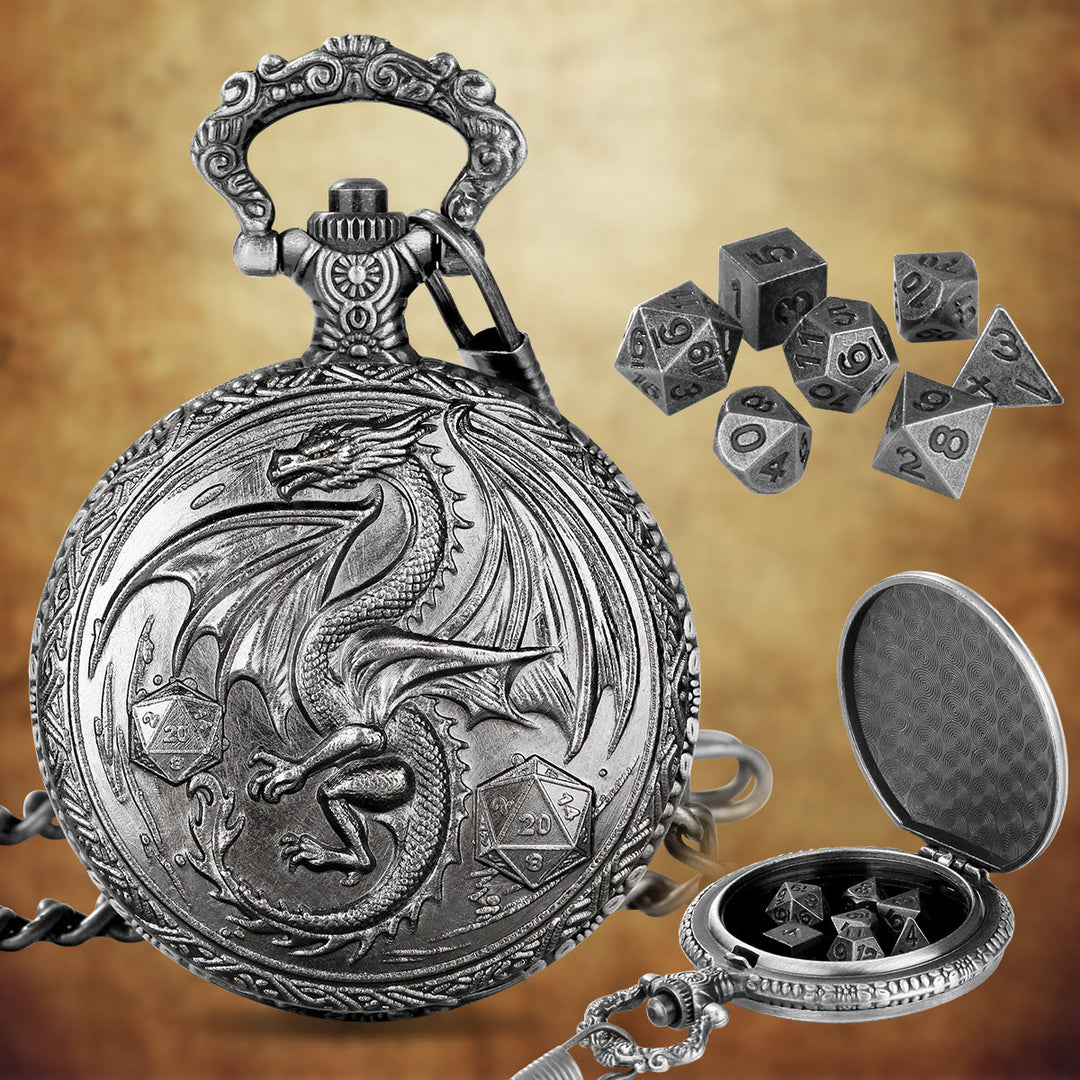 WorldNorse Dragon Taschenuhrgehäuse Würfelset Taillenkette - Taschenuhrgehäuse + Kette + Würfel - Silber - image 6