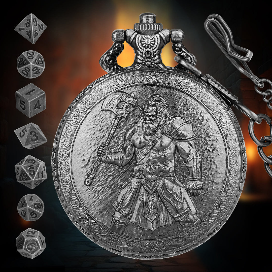 WorldNorse Wikinger Axt Barbarians Mehrseitiges Würfelset Taillenkette - Taschenuhrbox + Halskette + Würfel - Silber - image 5