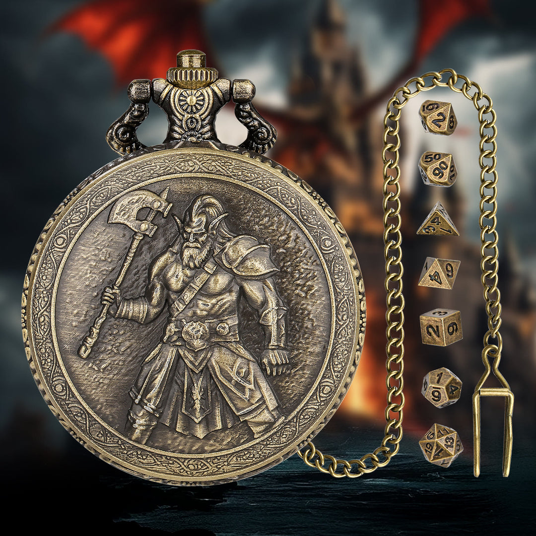 WorldNorse Wikinger Axt Barbarians Mehrseitiges Würfelset Taillenkette - Taschenuhrbox + Halskette + Würfel - Gold - image 0