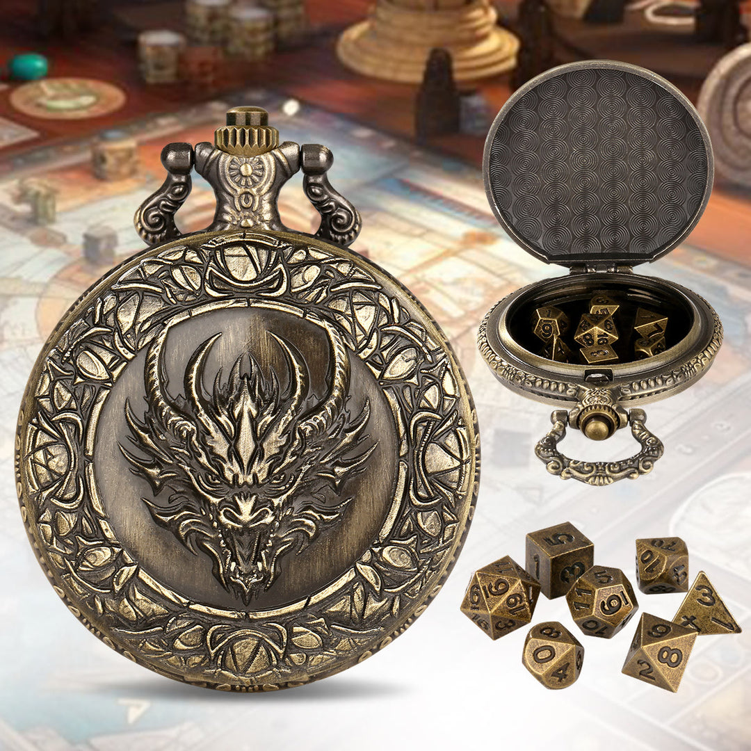 WorldNorse Viking Dragon Mini Polyedrisches Würfelset Taillenkette - Taschenuhrgehäuse + Kette + Würfel - Gold - image 1