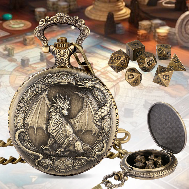 WorldNorse Mythology Drachenmuster Polyedrische Würfel Taillenkette - Taschenuhrgehäuse + Kette + Würfel - Gold - image 0