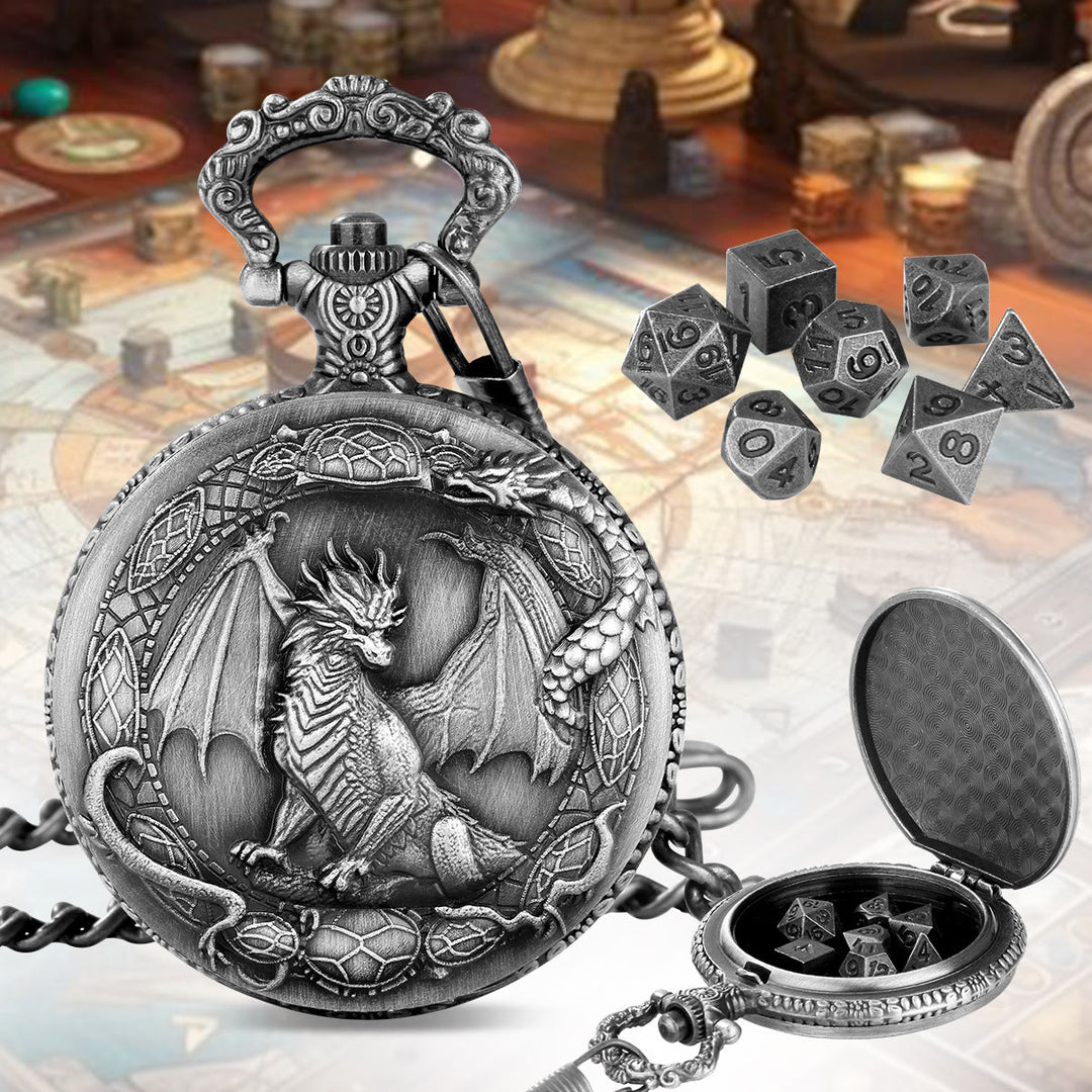 WorldNorse Mythology Drachenmuster Polyedrische Würfel Taillenkette - Taschenuhrgehäuse + Kette + Würfel - Silber - image 5