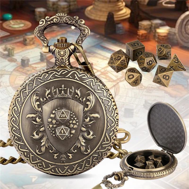 WorldNorse Vintage Schildetui Würfelset Taillenkette - Taschenuhrgehäuse + Kette + Würfel - Gold - image 1