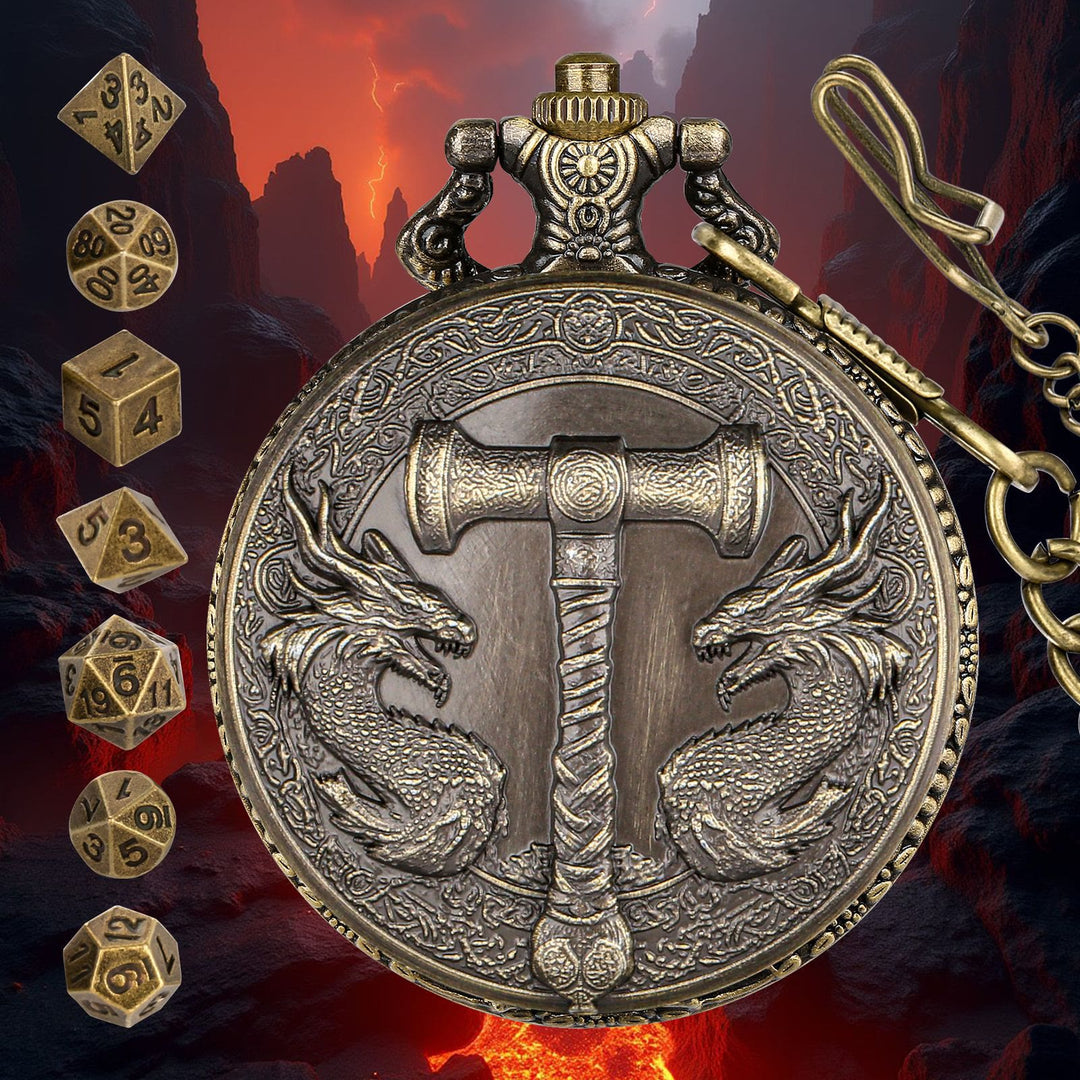 WorldNorse Hammer Double Dragons Würfelset Taillenkette - Taschenuhrgehäuse + Kette + Würfel - Gold - image 0
