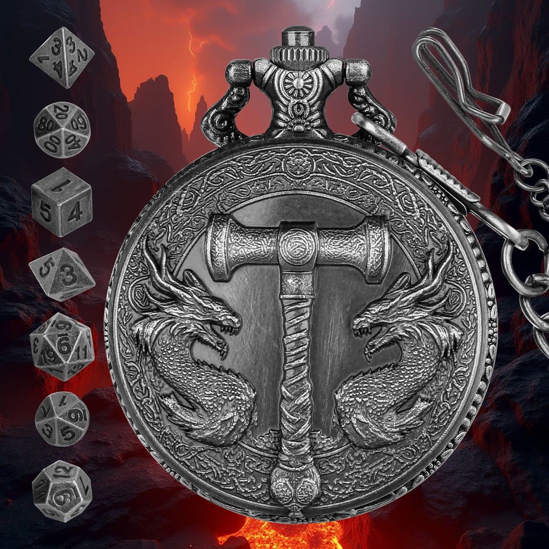 WorldNorse Hammer Double Dragons Würfelset Taillenkette - Taschenuhrgehäuse + Kette + Würfel - Silber - image 5