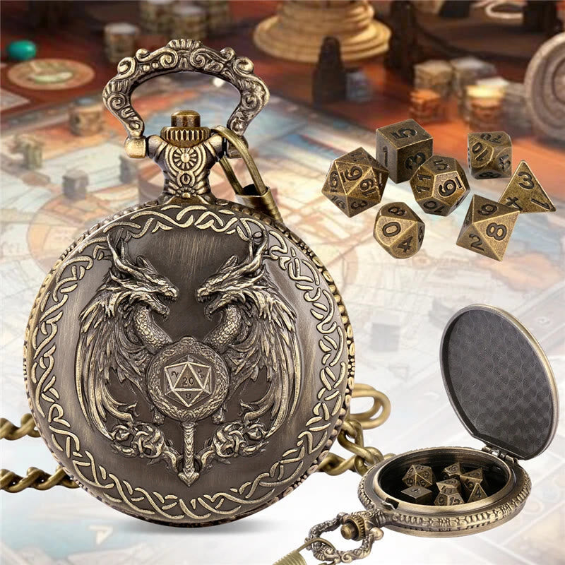 WorldNorse Zauberstab Drache Mini Würfel Set Taille Kette - Taschenuhrgehäuse + Kette + Würfel - Gold - image 1