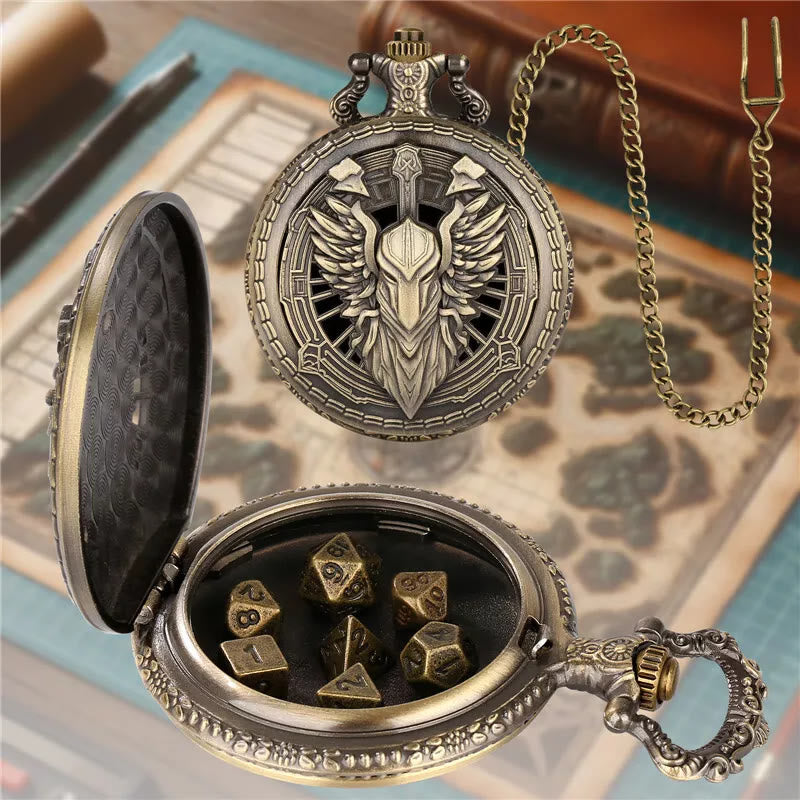 WorldNorse Vintage Paladin Warrior Seven Dice Taillenkette - Taschenuhrgehäuse + Kette + Würfel - Gold - image 0