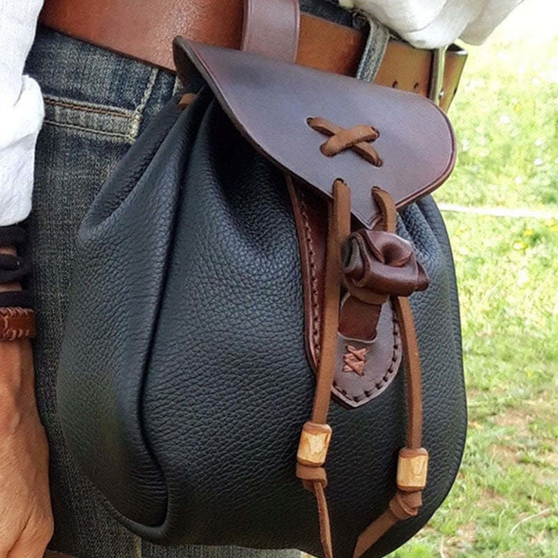 WorldNorse Mittelalterliche Steampunk-Outdoor-Kordelzugtasche - Schwarzes Leder - image 1