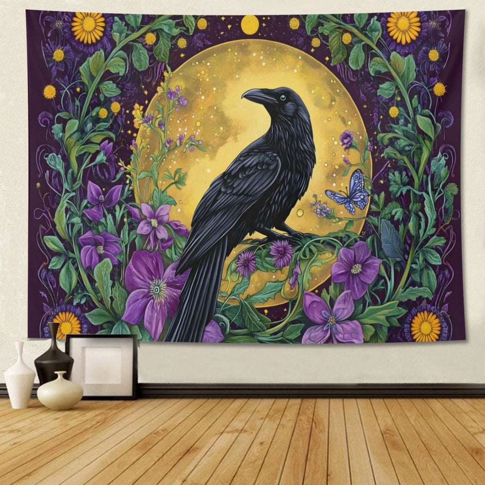 WorldNorse Raven inmitten von Wildblumen des goldenen Mondes Wandbehang - image 1