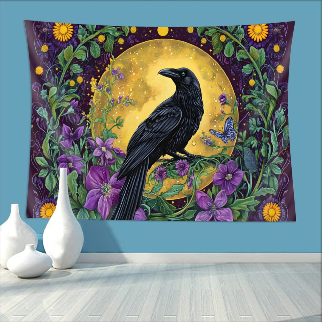 WorldNorse Raven inmitten von Wildblumen des goldenen Mondes Wandbehang - image 2