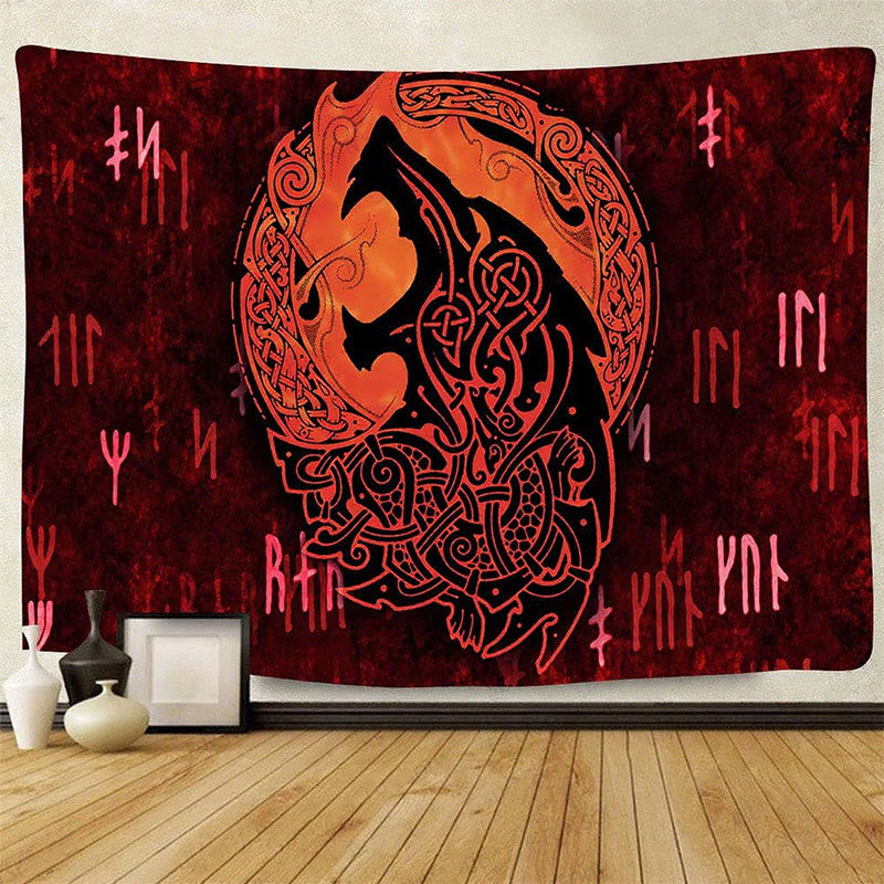 WorldNorse Verzierter Vintage Fenrir Wandteppich - Wölfe - 180X320cm - image 0