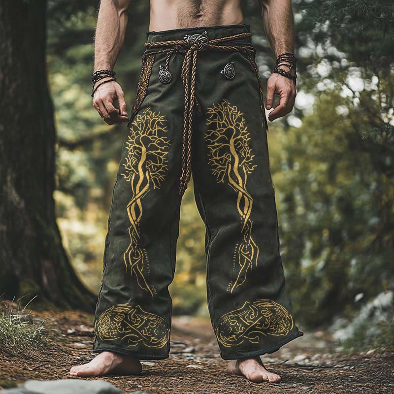WorldNorse – Leinenhose mit Keltischer Knoten und goldenem Lebensbaum - US/UK/AU50, EU60 (5XL) - image 0