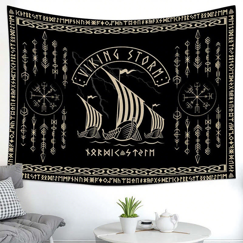 WorldNorse Viking Storm Longship Rune Totem Wandteppich - image 3