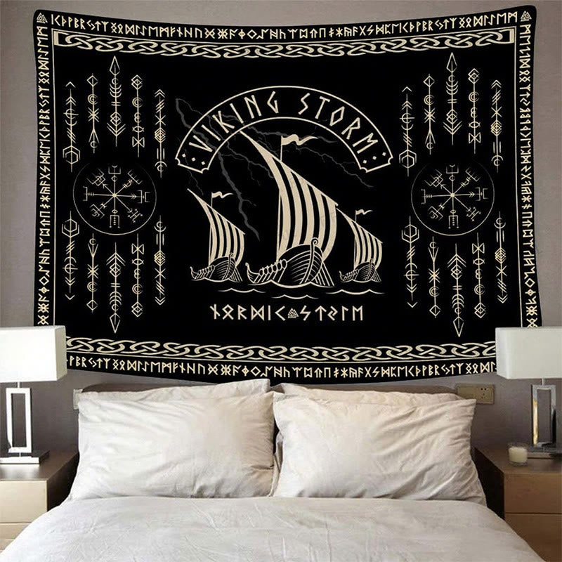 WorldNorse Viking Storm Longship Rune Totem Wandteppich - image 1