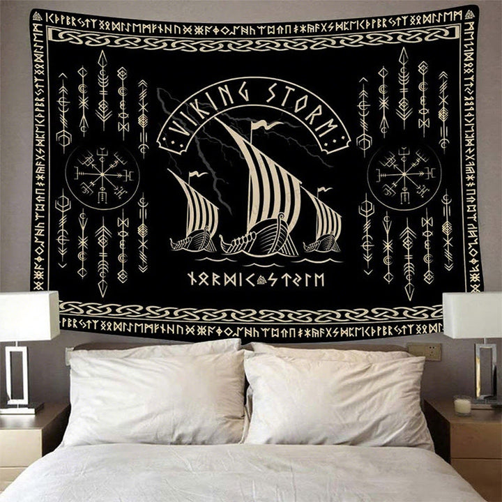 WorldNorse Viking Storm Longship Rune Totem Wandteppich - image 1