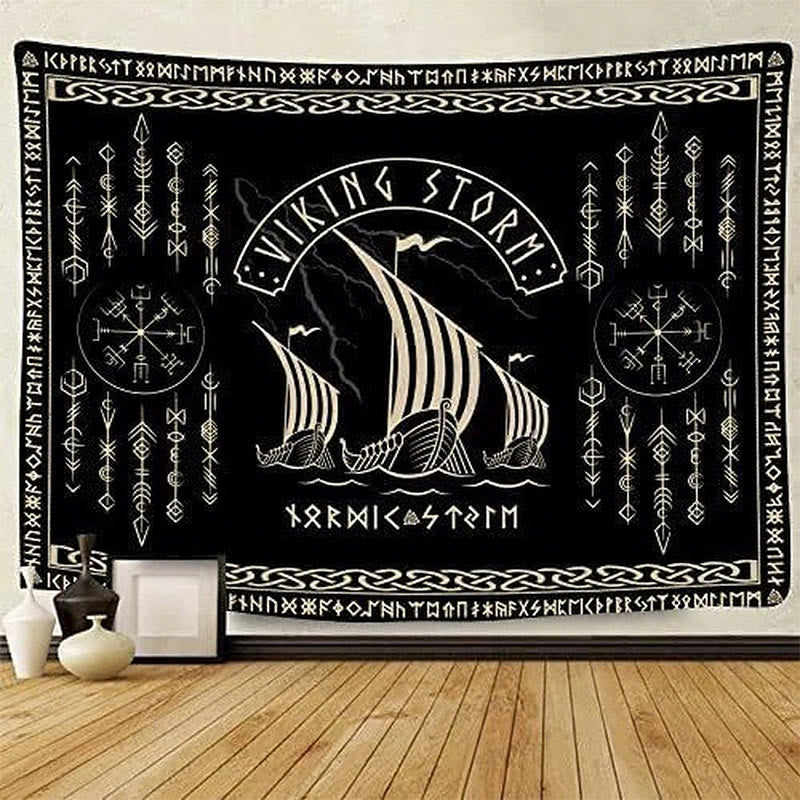 WorldNorse Viking Storm Longship Rune Totem Wandteppich - Vegvisir - 180X320cm - image 0