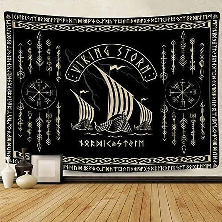 WorldNorse Viking Storm Longship Rune Totem Wandteppich - Vegvisir - 180X320cm - image 0