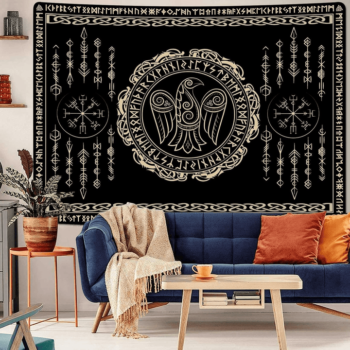 WorldNorse Raven Vegvisir Rune Wandteppich - Raven - 180X320cm - image 0