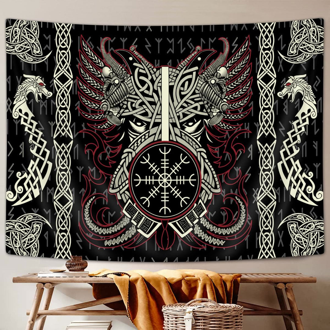 WorldNorse Dragon Helm Of Awe Dreifaches Horn von Odin Wandbehang - Nordischer Drache - 180X320cm - image 0