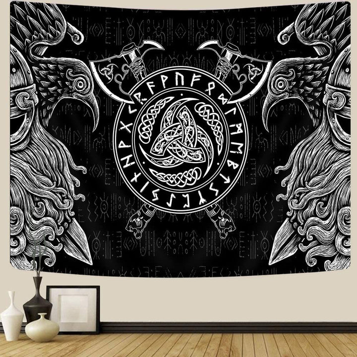 WorldNorse Wikinger Axt Raven Triple Horn Of Odin Wandbehang - Raven - 180X320cm - image 0