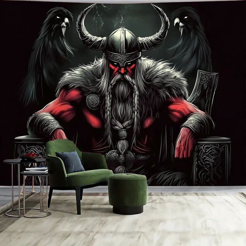WorldNorse Dark Ravens Gehörnter Helm Wikingerhäuptling Wandteppich - Raven - 180X320cm - image 0