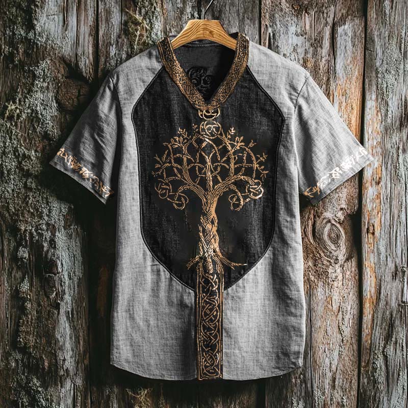 WorldNorse Viking Retro Yggdrasil Keltischer Knoten Leinen V-Ausschnitt T-Shirt - Grau - US/UK/AU50, EU60 (5XL) - image 2