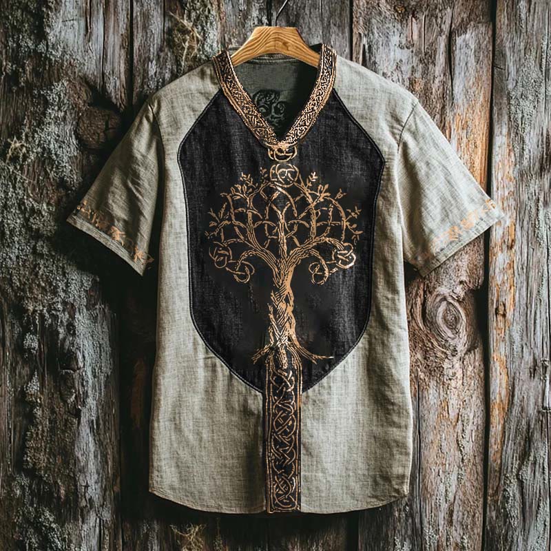 WorldNorse Viking Retro Yggdrasil Keltischer Knoten Leinen V-Ausschnitt T-Shirt - Grün - US/UK/AU50, EU60 (5XL) - image 0