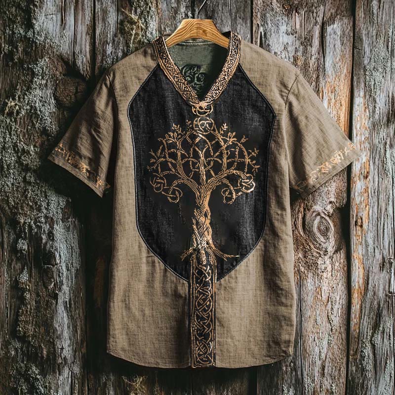 WorldNorse Viking Retro Yggdrasil Keltischer Knoten Leinen V-Ausschnitt T-Shirt - Khaki - US/UK/AU50, EU60 (5XL) - image 1